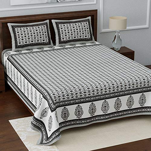 Image of LIVING ROOTS Ethnic Rajasthani /Jaipuri /Sanganeri Block Print 100% Cotton Super King Size 100 * 108 Bedsheet with 2 Pillow Covers (44A)