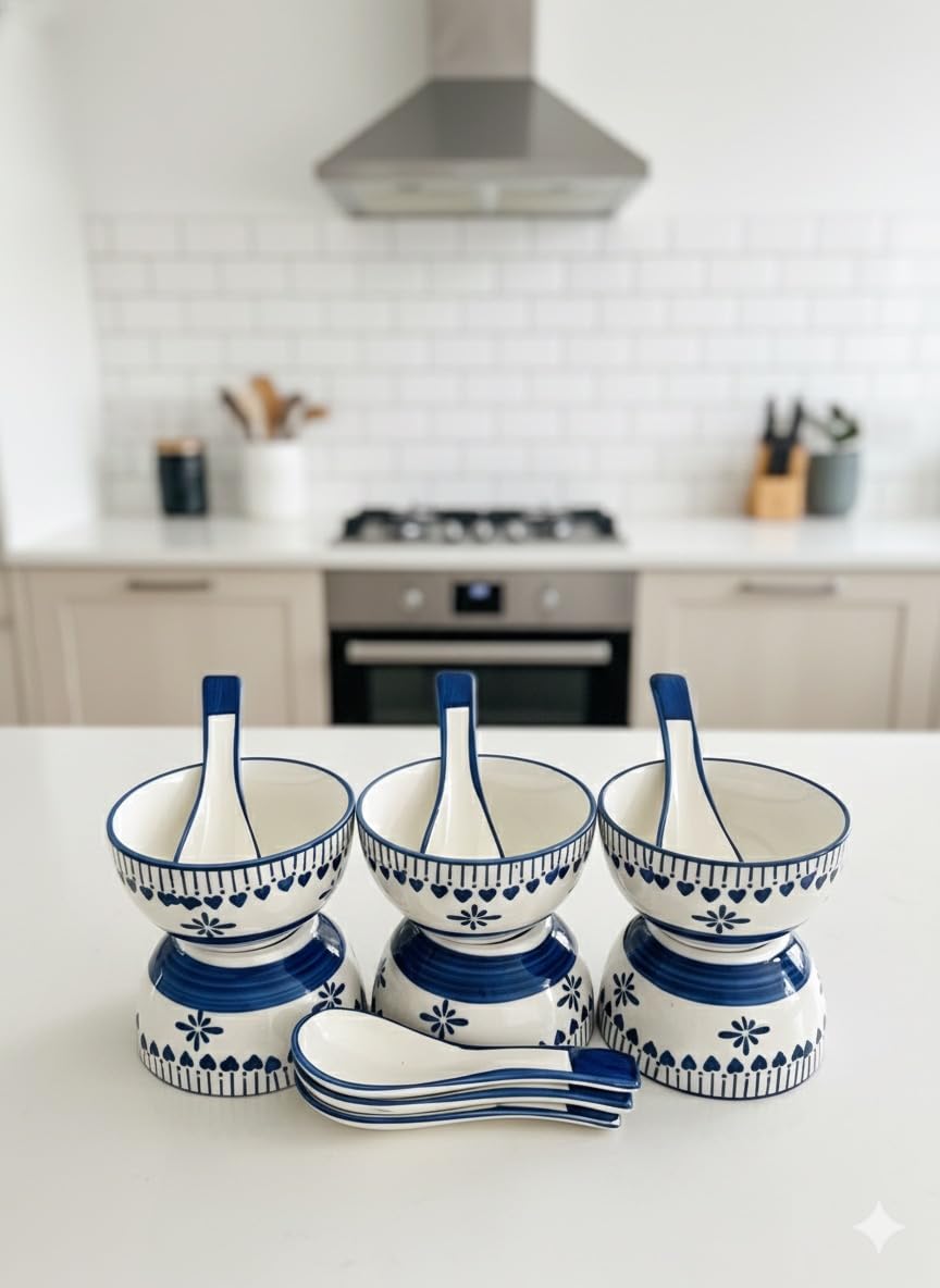 Ceramic Noodle Bowls with Spoons Floral Pattern (White Flower Bowl Spoon Set of 6)-image-2