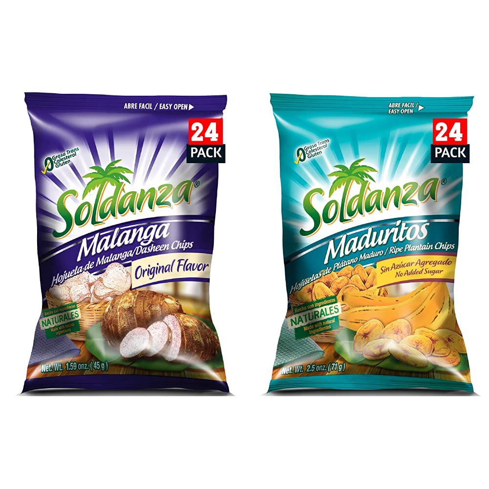 Soldanza Dasheen Chips, 1.6 Ounce (Pack of 24) and Soldanza Plantain Chips, Naturally Sweet, 2.5 Ounce (Pack of 24)