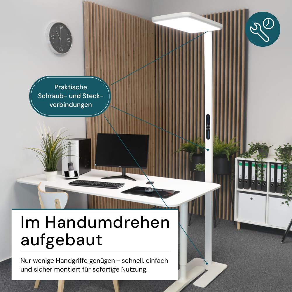 LUXULA LED Büro Stehleuchte, dimmbar, CRI>98 Vollspektrum, UGR<16 blendfrei, RG0 Blaulichtfilter, 4000K Neutralweiß, 2x 50W Uplight und Downlight, 7000lm, weiß - Arbeitsplatz Stehlampe Deckenfluter