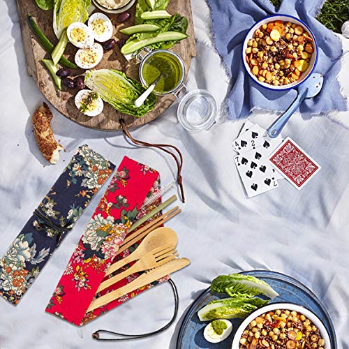 4 Pack Bamboo Cutlery Set Flatware Set Reusable Portable Utensils Travel Cutlery Set Bags, Forks, Knives, Chopsticks, Spoons,Straws And Brushes For Camping And Bbq (A) #TOP5