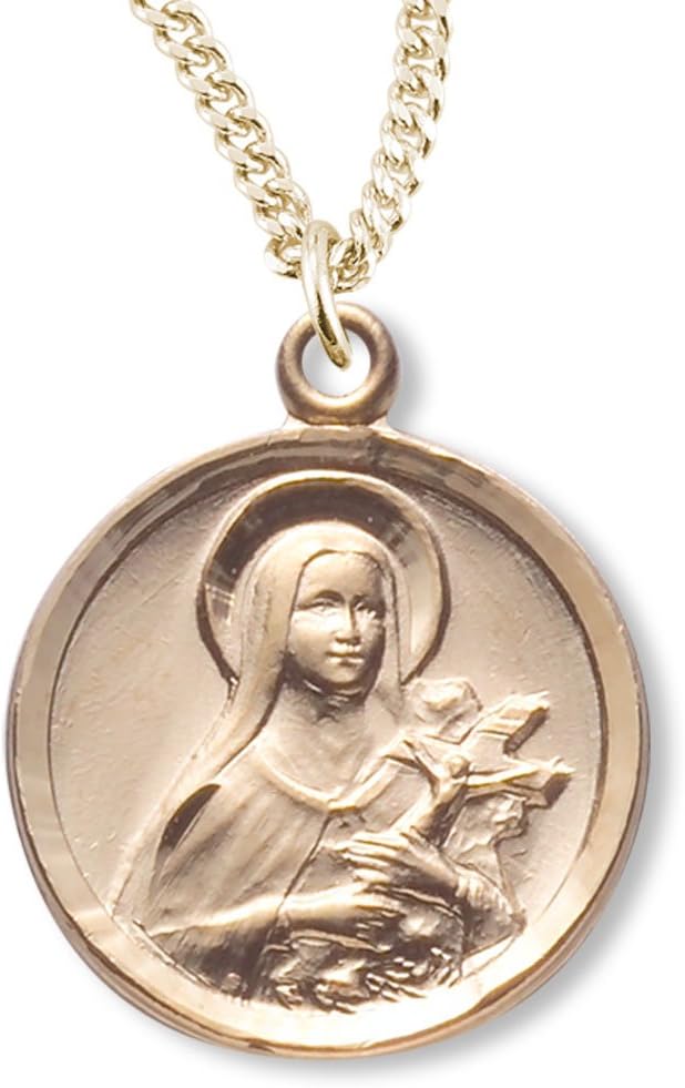 Heartland Store Women's 16kt Gold Over Sterling Silver Round Saint Therese Medal + 18 Inch Gold Plated Chain & Clasp| USA Made