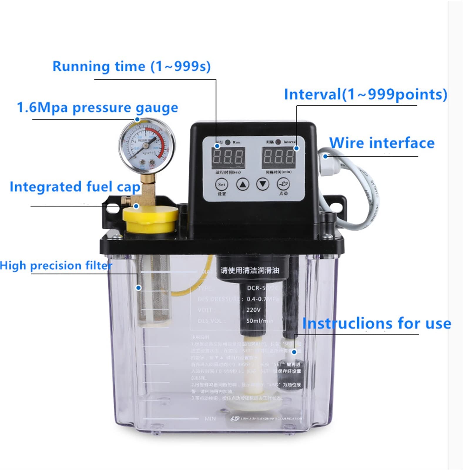 Lubricador de bomba de lubricación electromagnética Cnc, bomba de lubricante de 0,5/1/2 litros, bomba de aceite lubricante automática, inyectores de aceite(2LnoPressure gauge)