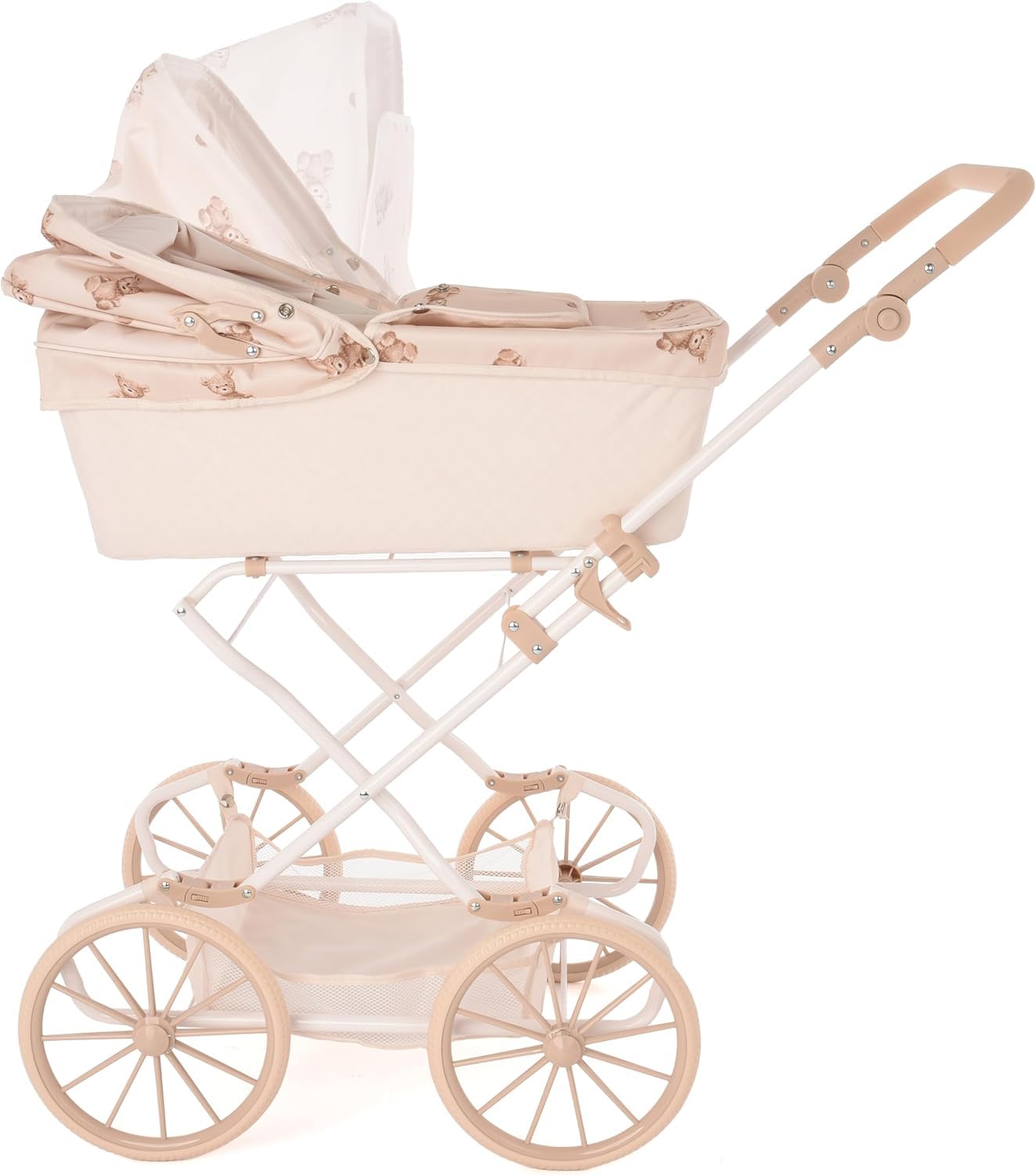Roma Teddy Reborn wózek dziecięcy dla większych lalek, uroczy miś, regulowany uchwyt 62,5-93 cm, zabawka dla chłopców i dziewczynek, styl vintage z koszem, akcesoria dla lalek.