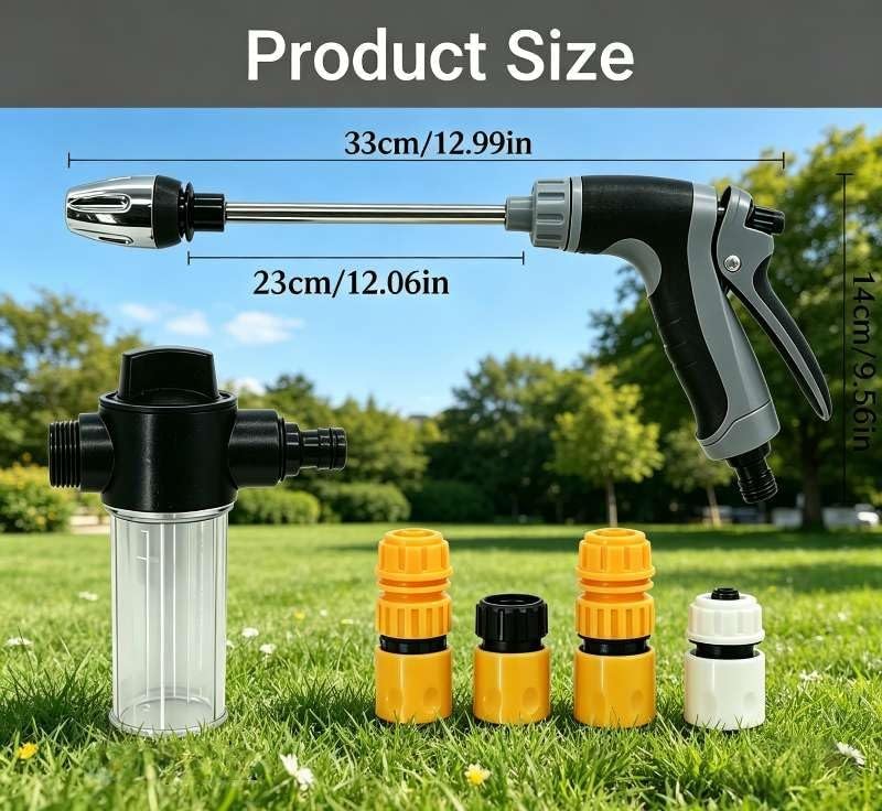 Aquoxis Spray Nozzle, High Pressure Washer Hose Nozzle Gun with Foam, 2 Universal Connectors, Metal Leak-Proof Design, Fits Standard Garden Hoses for Car Washing.