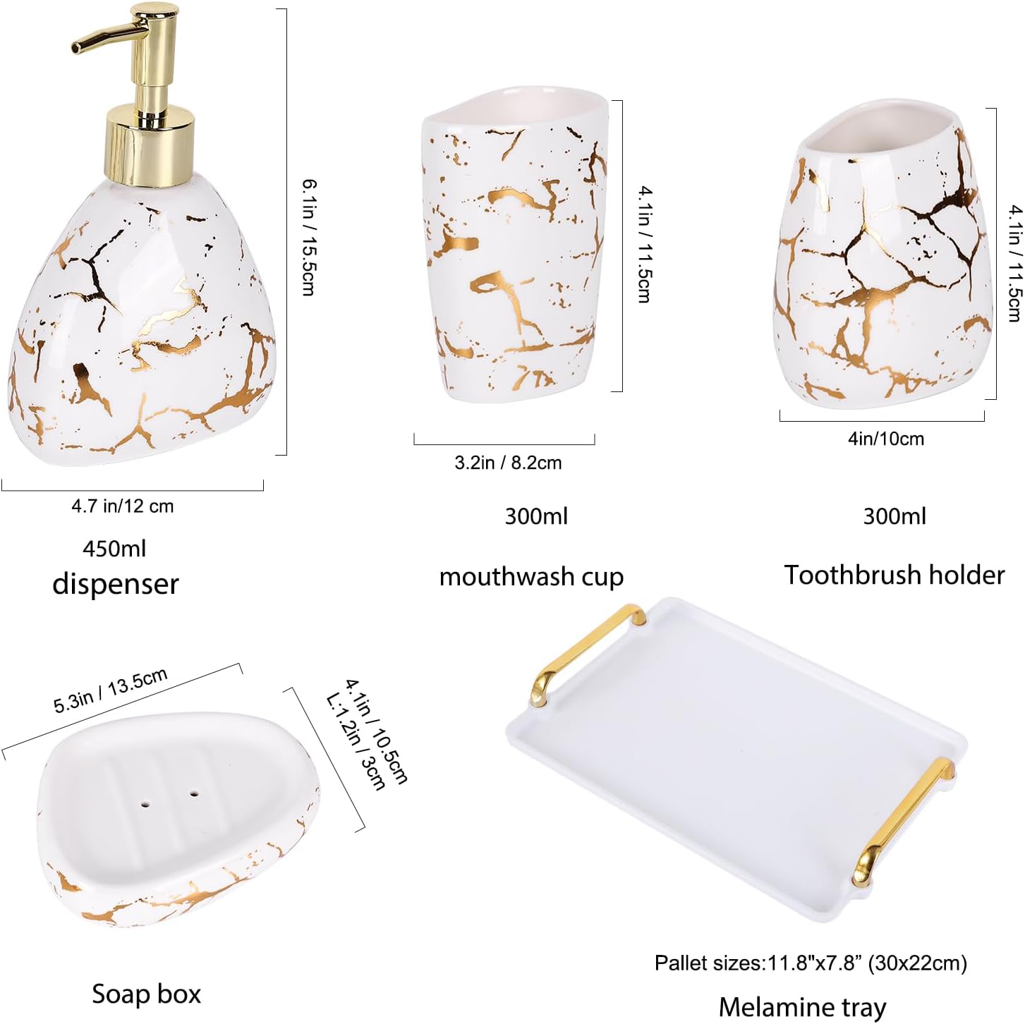 Ceramics White Bathroom Accessories Set,Gold Marble Look Bathroom Decor,Modern 6 Piece Bathroom Accessory Set,Complete with Soap Dispenser,Toothbrush Holder,Tumbler,Tray Countertop