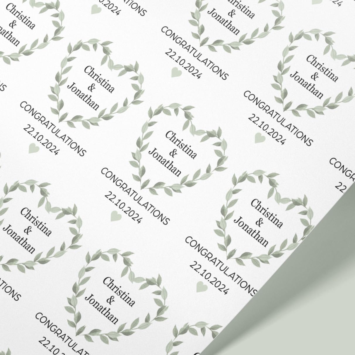 Personalised Wedding & Anniversary Wrapping Paper β Custom Names & Date β Eucalyptus Wreath Design β 61cm Wide Rolls β Engagement, Marriage, Milestone Gift Wrap β 1m to 8m Rolls