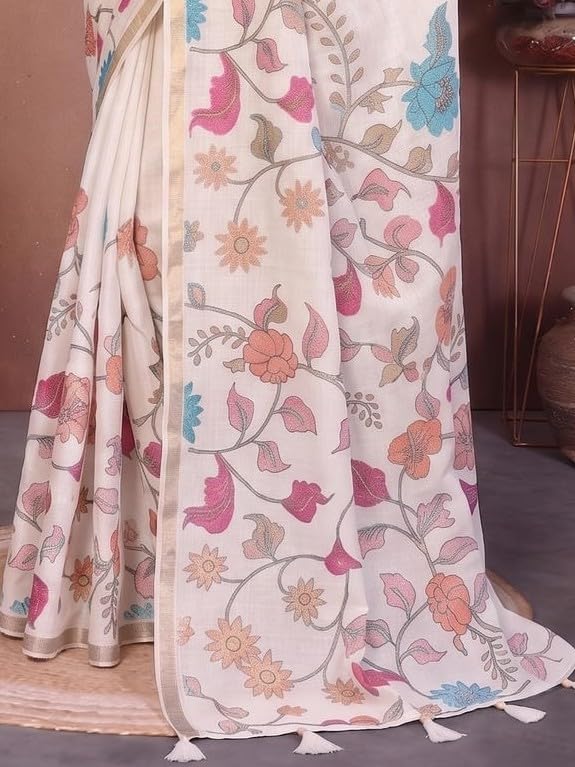 Image of SAMANTHA Black Floral Print Ready to Wear Linen Saree with Pocket & Adjustable Belt