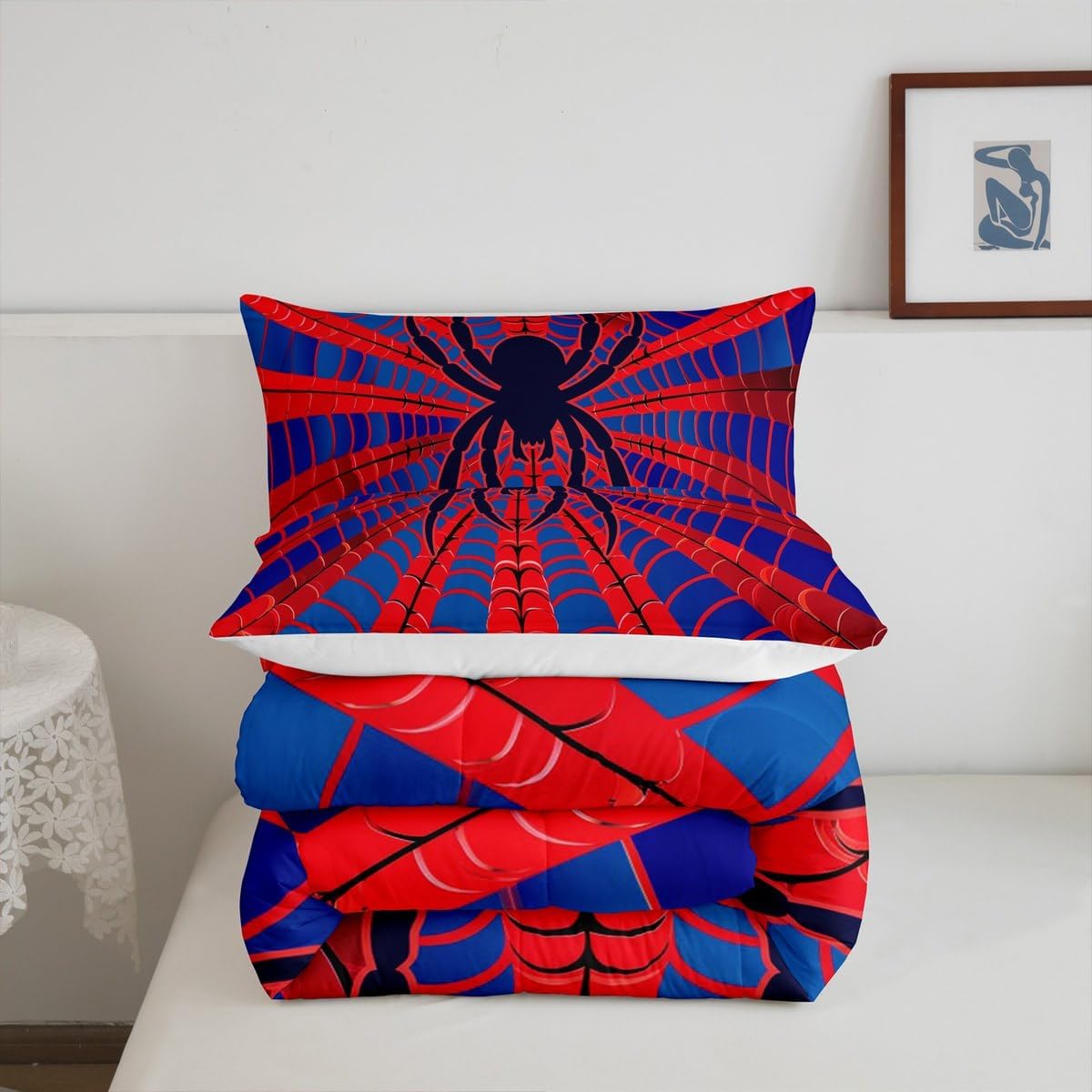 Spider Web Kids Comforter Set King Size,Black Spider Arachnid Insect Animals Bedding Set,Boys Girls Women Men Room Decor,Western Halloween Down Comforter,Red Blue Chic Duvet Insert,2 Pillowcases