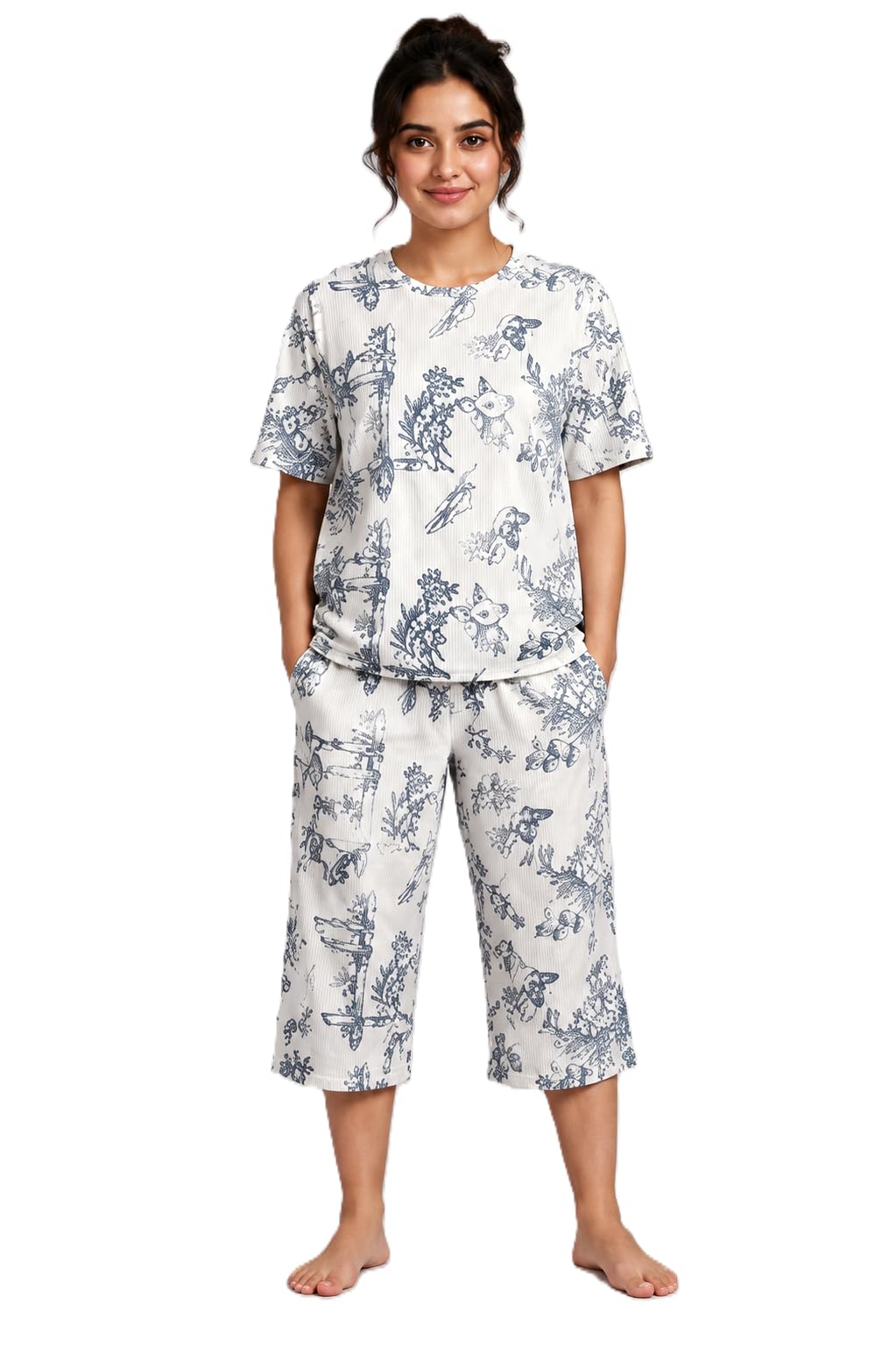 Lazy N Cozy Women's Printed Cotton Blend Night Suit Set | Half Sleeve T-Shirt with Capri Pants | Soft & Comfortable Sleepwear Co-Ord Set, White and Blue-picture-11