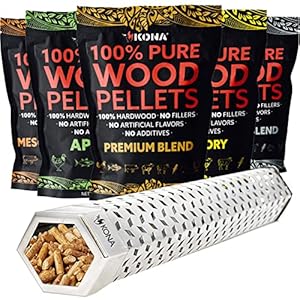 Kona Smoker Tube & Wood Pellets [Set of 6] Bold Smoke Flavor Hardwood Pellets – 12 Inch Tube & Set of 6, 1 Pound Pellets Pack (6 lbs Total)