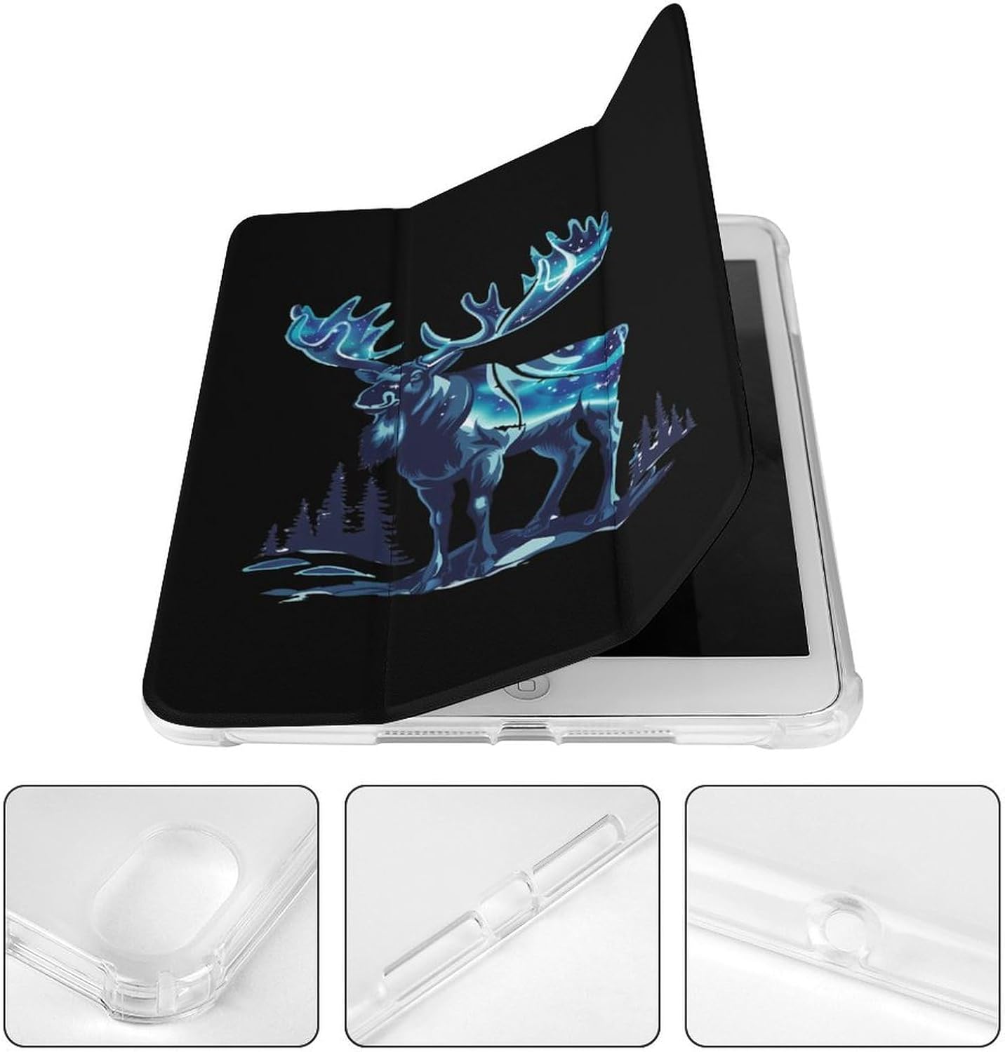 Alaskan Moose with Aurora Borealis Snowy Scene Cute Case Compatible for Mini4/5（7.9in） Trifold Tablet Protective Cover with Pencil Holder