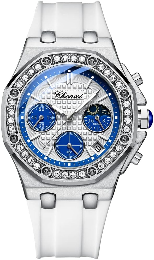 MASTOP Fashion Women's Watch Diamond Waterproof Watches Quartz Analog Subdials Chronograph Date Luminous Moon Phase Silicone Strap Ladies Watches