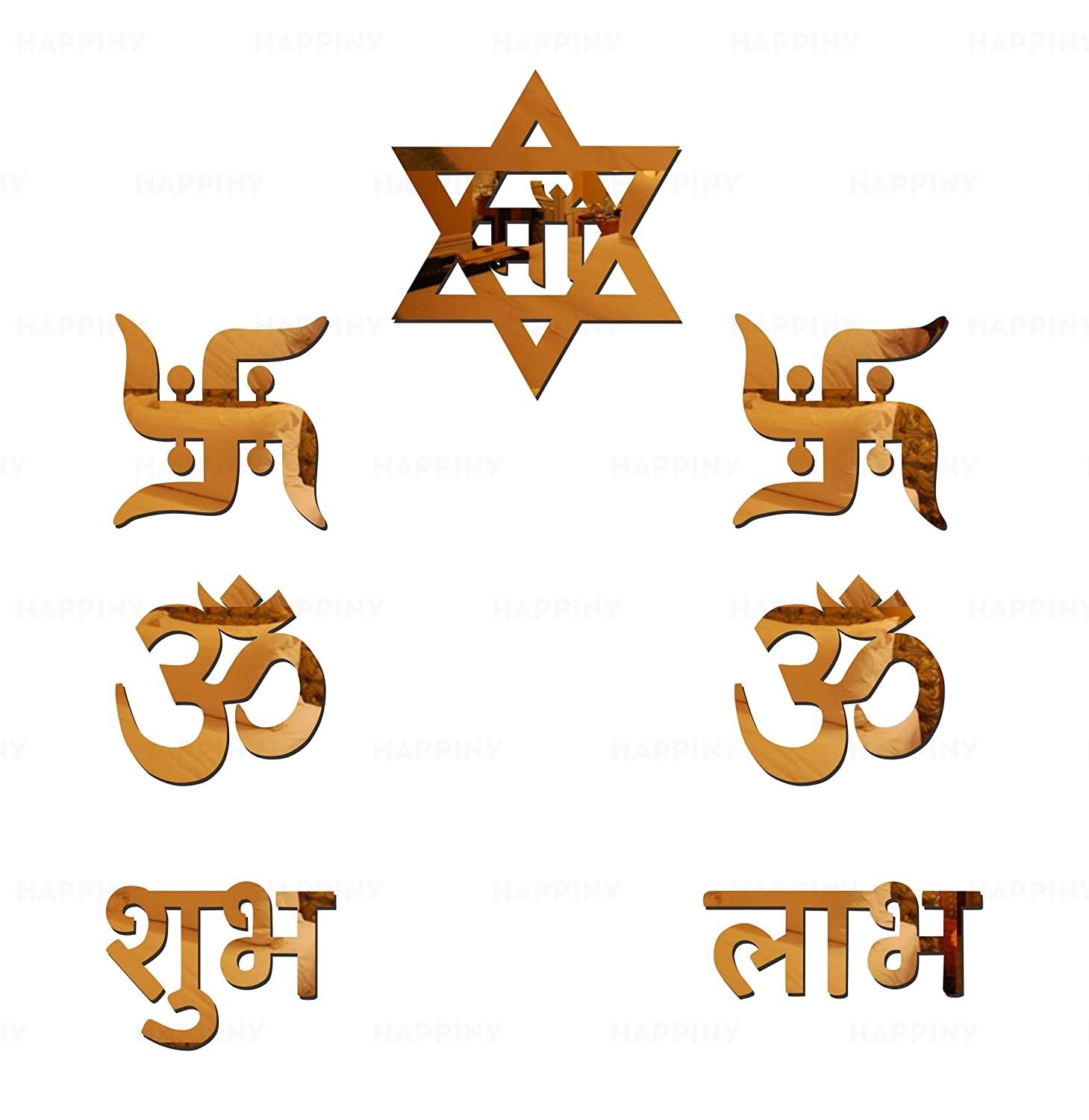 HAPPINY Maa Om Swastik Golden Mirror Stickers for Wall, Acrylic Mirror Wall Decor Sticker, Wall Mirror Stickers, Acrylic Stickers, Self-Adhesive Wall Stickers for Hall Room, Bed Room, Kitchen