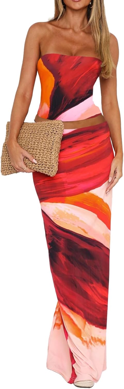 Kadınlar için 2 Parça Etek Takımları Yazlık, Çiçek Desenli Kolsuz Askılı Üst ve Vücuda Oturan Uzun Etek Y2k Tatil ve Gece Dışarı Çıkma Kıyafetleri