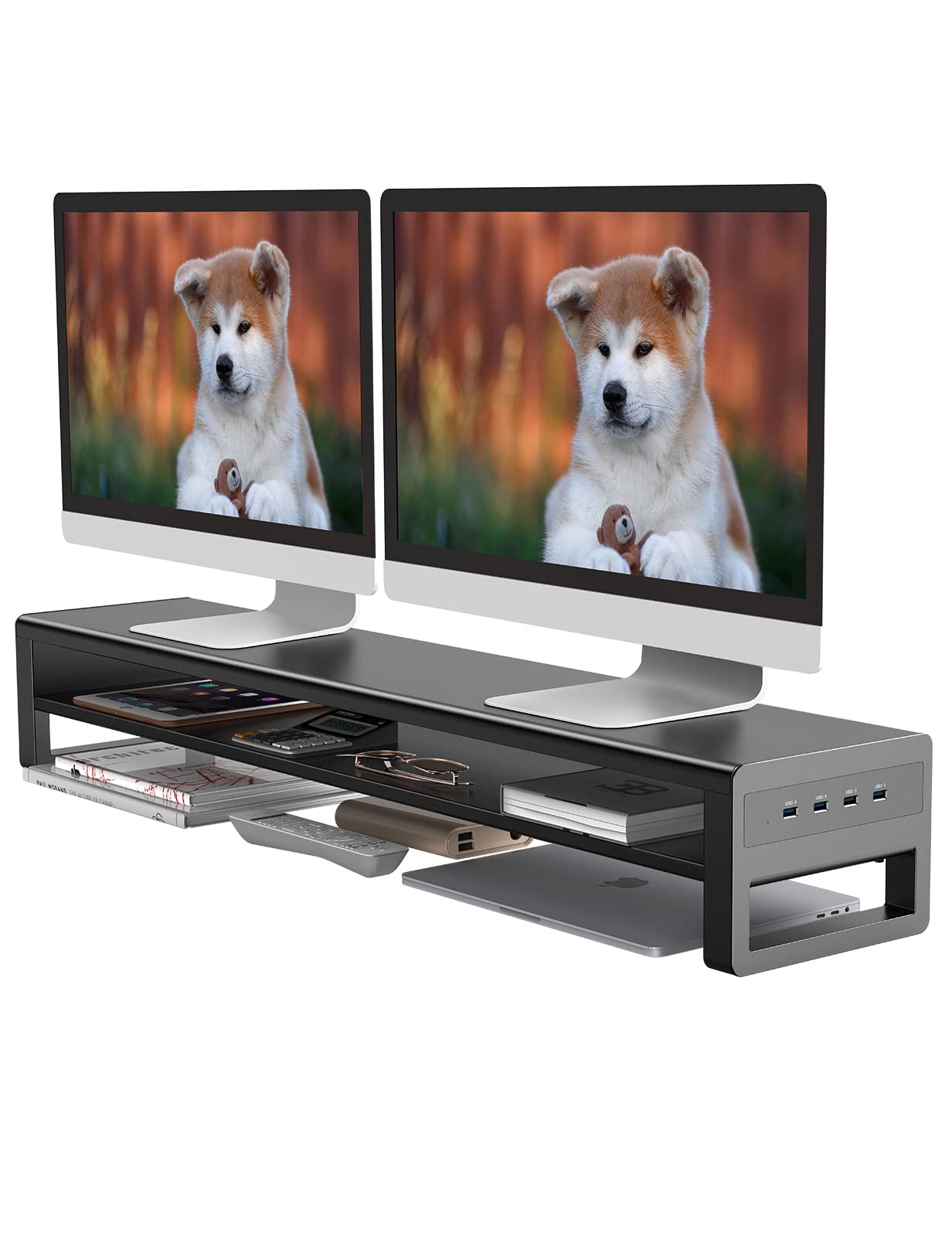 2 Tiers Dual Monitor Stand with 4 USB 3.0 Hub Ports, Double Monitor Riser, Metal Desk Stand with Storage, Long Screen Raiser for 2 Monitors/PC/Laptop/Computer Space Saver Desktop Organizer Large Black