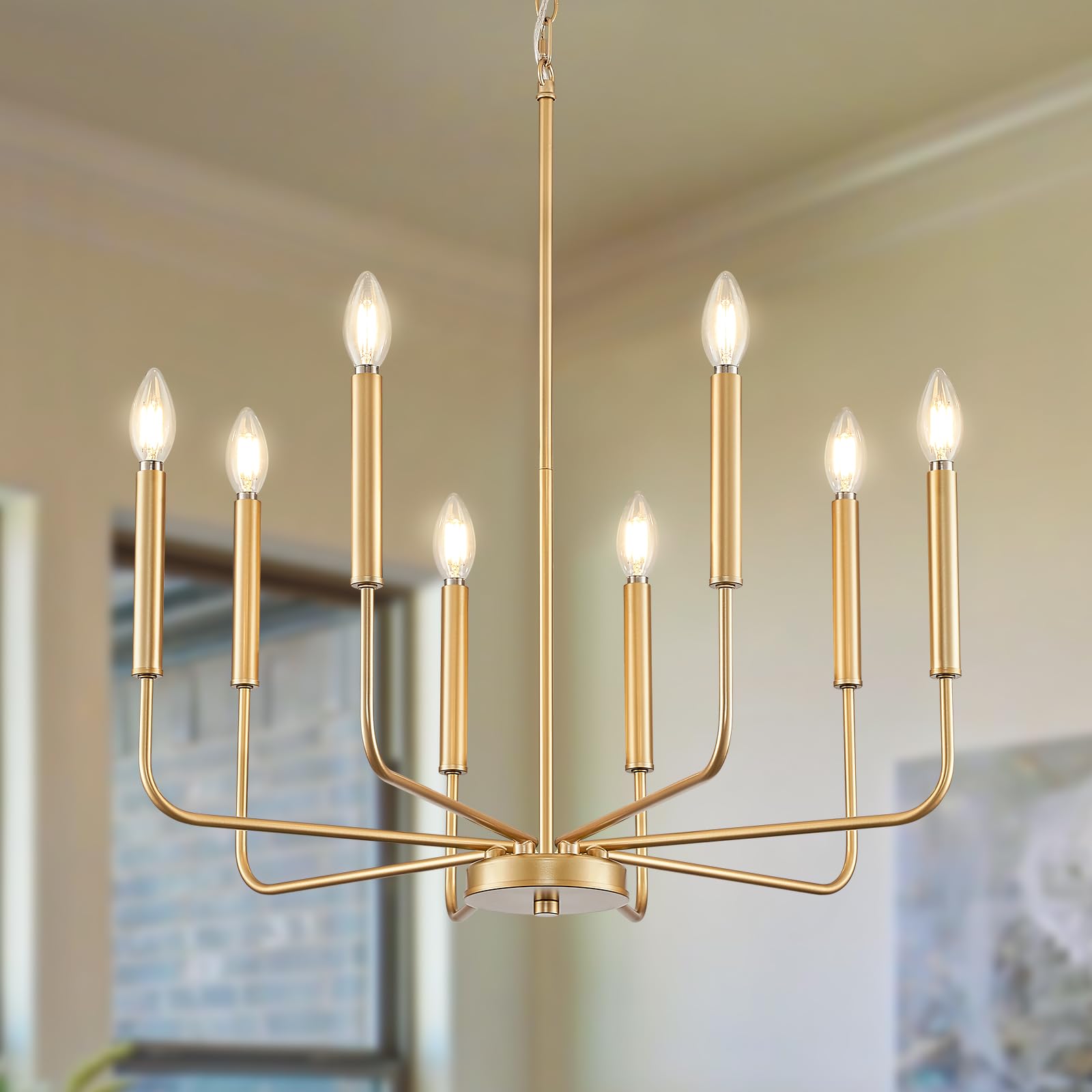 Modern Gold Chandelier for Dining Room,Metal 8-Light Kitchen Light Fixtures, Farmhouse Candle Hanging Pendant Light for Living Room Entryway Foyer Bedroom (Bulbs Not Included)