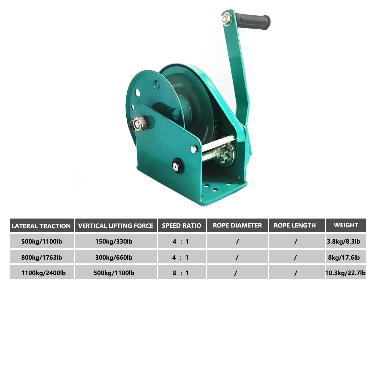 Argano manuale da 1100 kg, paranco a cricchetto resistente, senza cavi, ideale per rimorchi per barche, rimorchio e carico carico (dimensioni: 800 kg/1763 libbre)