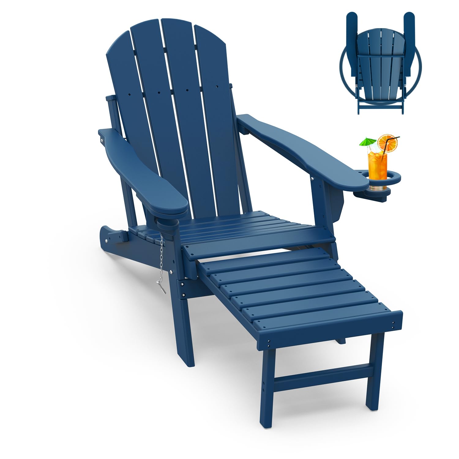 Adirondack-Chairs-with-Ottoman | Folding | Retractable-Footrest | HDPE Plastic | All Weather Fire Pit Chair | Cup Holders | Blue | for Outdoor Poolside