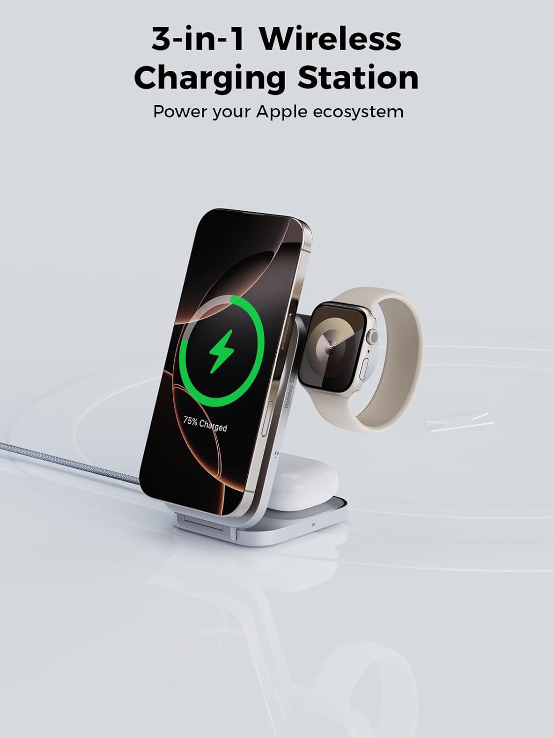 MagFusion Z 3-in-1 Charging Station Compatible with MagSafe, 15W Wireless Charger Foldable Qi2 Certified, Magnetic Charger for iPhone 17/16/15/14/13/12, AirPods 4/3/2/Pro, Apple Watch, Silver