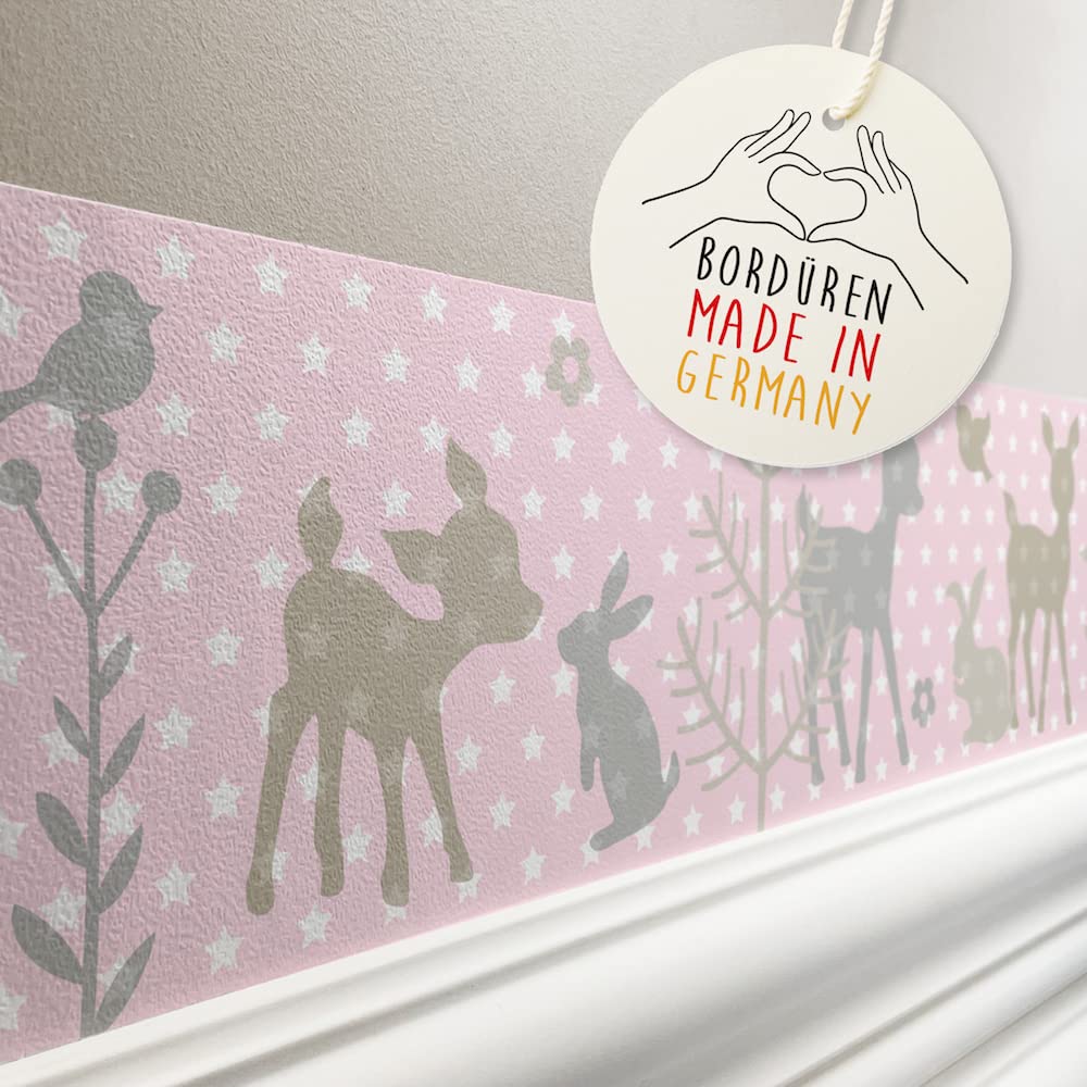 Frise murale adhésive enfant à motifs bambi rose – Frise chambre enfant garçon de 450 x 11.5 cm – Décoration murale chambre bébé autocollante