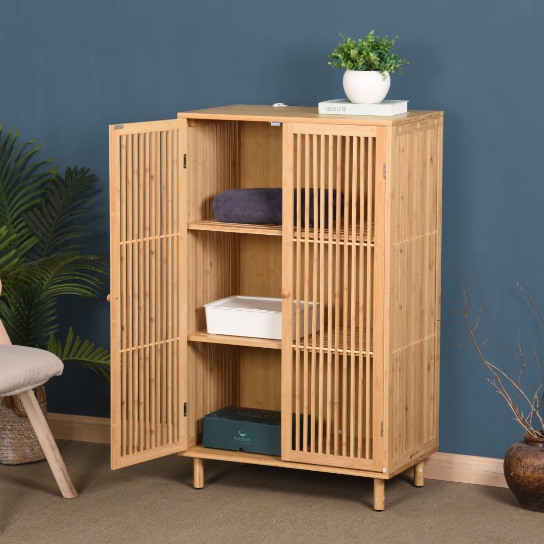 Beistellschrank mit 2 Türen Bambusschrank Kommode Schrank aus Bambus mit 3 Ablageflächen Aufbewahrungsschrank 110x66x40cm Natural