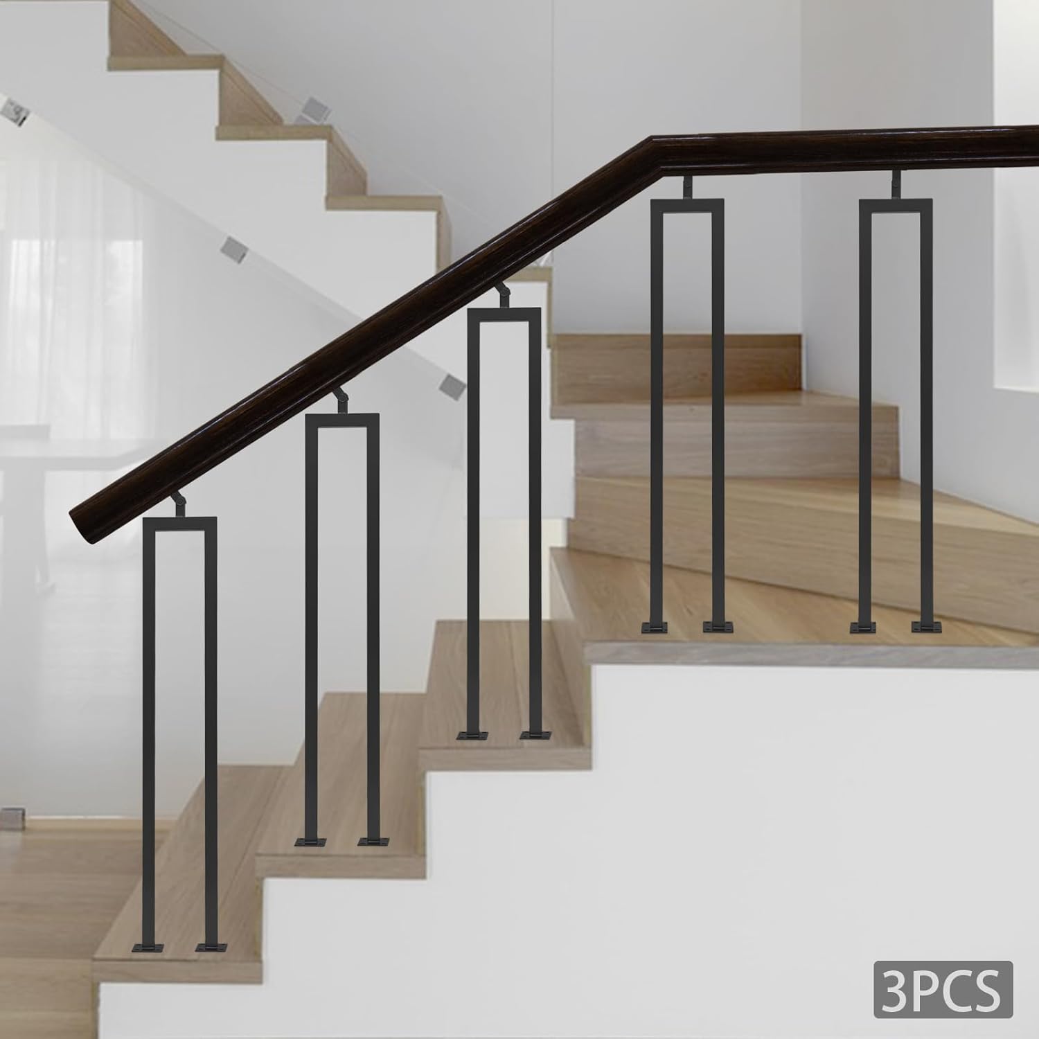 3Pack Stair Baluster,Stair Handrail Baluster,U Shape Industrial Wrought Iron Stair Balusters for Garden Loft Corridor Villa Hotel (Black)