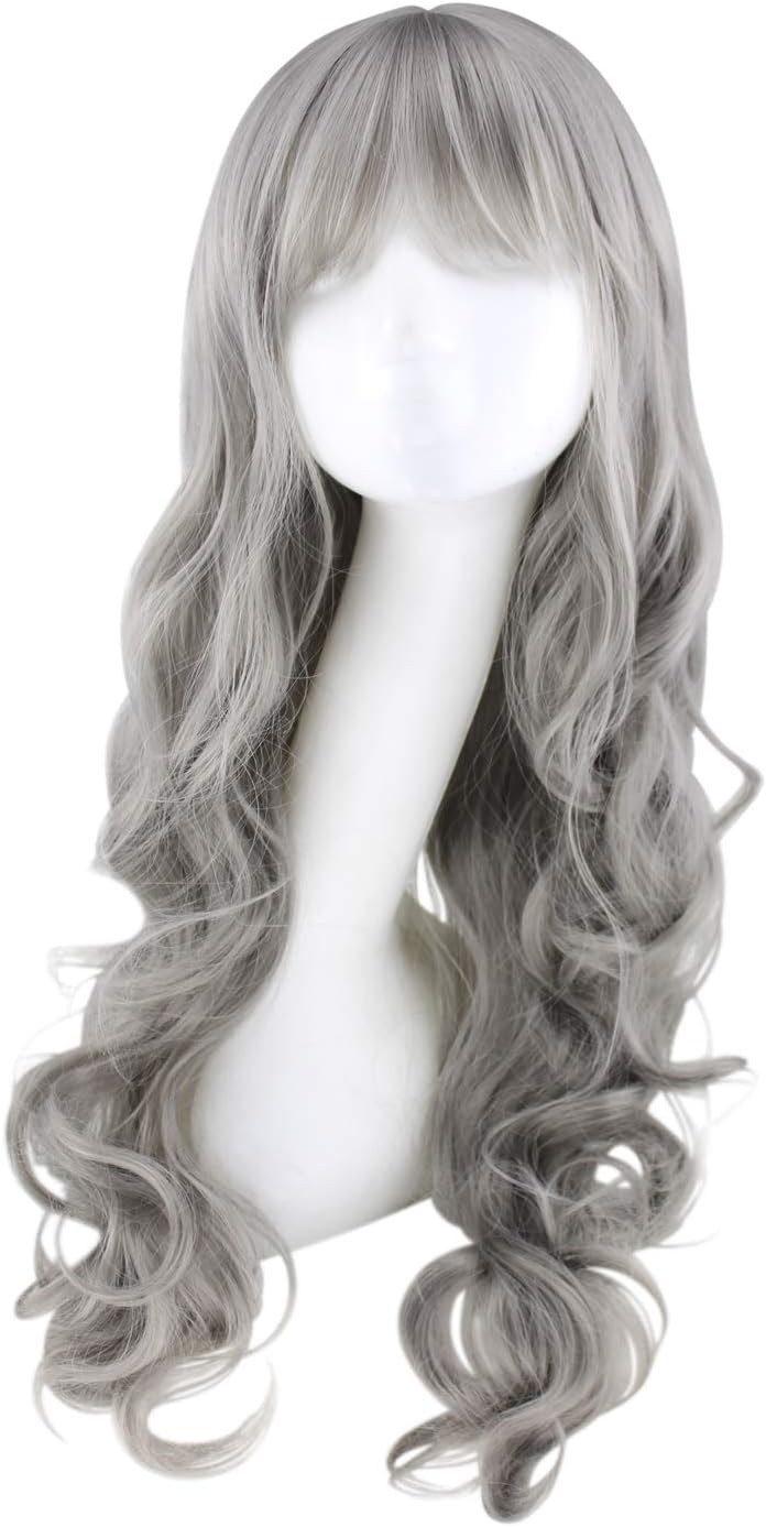 Cosplay Wig, 23.6" Grey Wavy Wigs Synthetic Fibre Wigs, Perfect for Halloween, Concert, Wedding, Parities, Fit Most People-Grey