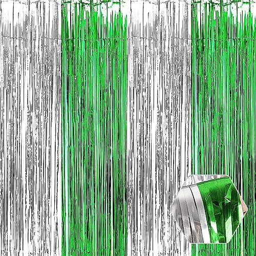 Image of 6 Pack Silver Green Foil Fringe Curtain Backdrop, 3.28Ft x 8.2Ft Metallic Tinsel Foil Fringe Streamer Curtains for Photo Booth, Christmas Day, Thanksgiving, Wedding, New Year Party Decorations