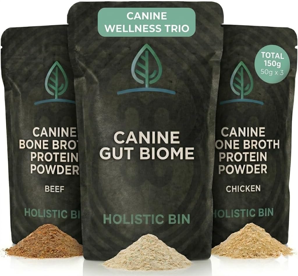Holistic Bin Daily Nutrient-Rich Dog Food Toppers | Beef & Chicken Protein Powder + Gut Biome Plant-Based Topper | Canine Broth Bundle for All Breeds & Life Stages (3 x 50g)