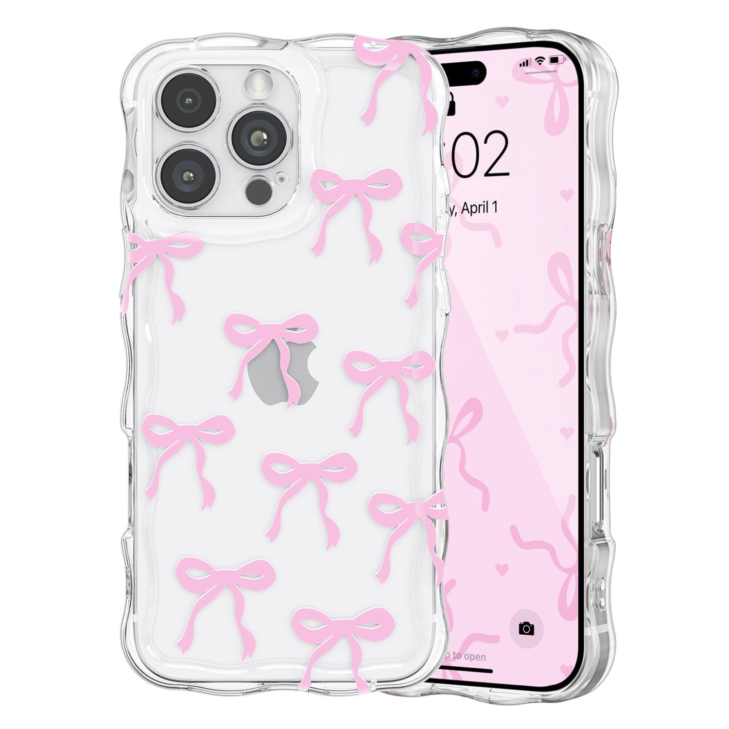 QLTYPRI Bow Case for iPhone 16 Pro Max, Cute Ribbon Bows Wavy Curly Frame Clear Phone Case for Girls Women, Aesthetic Bowknot Transparent Soft