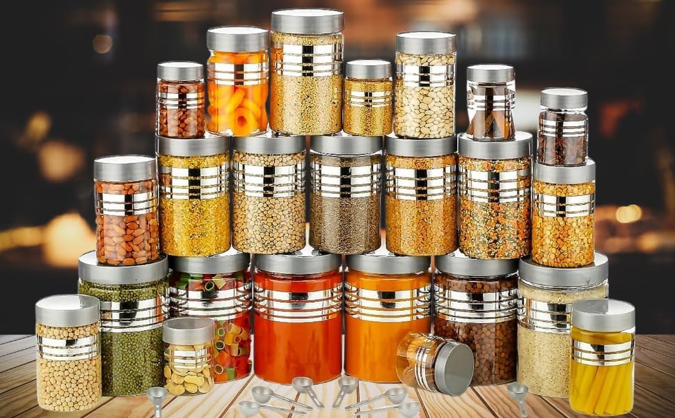 Image of Plastic Pet Storage Jar and Container, Set of 16 (4 ps x 250ml, 4 ps x350ml, 4 ps x 650ml, 4 ps x 1200ml) With Spoons Air Tight Kitchen Organiser Improved Model Silver line Printed