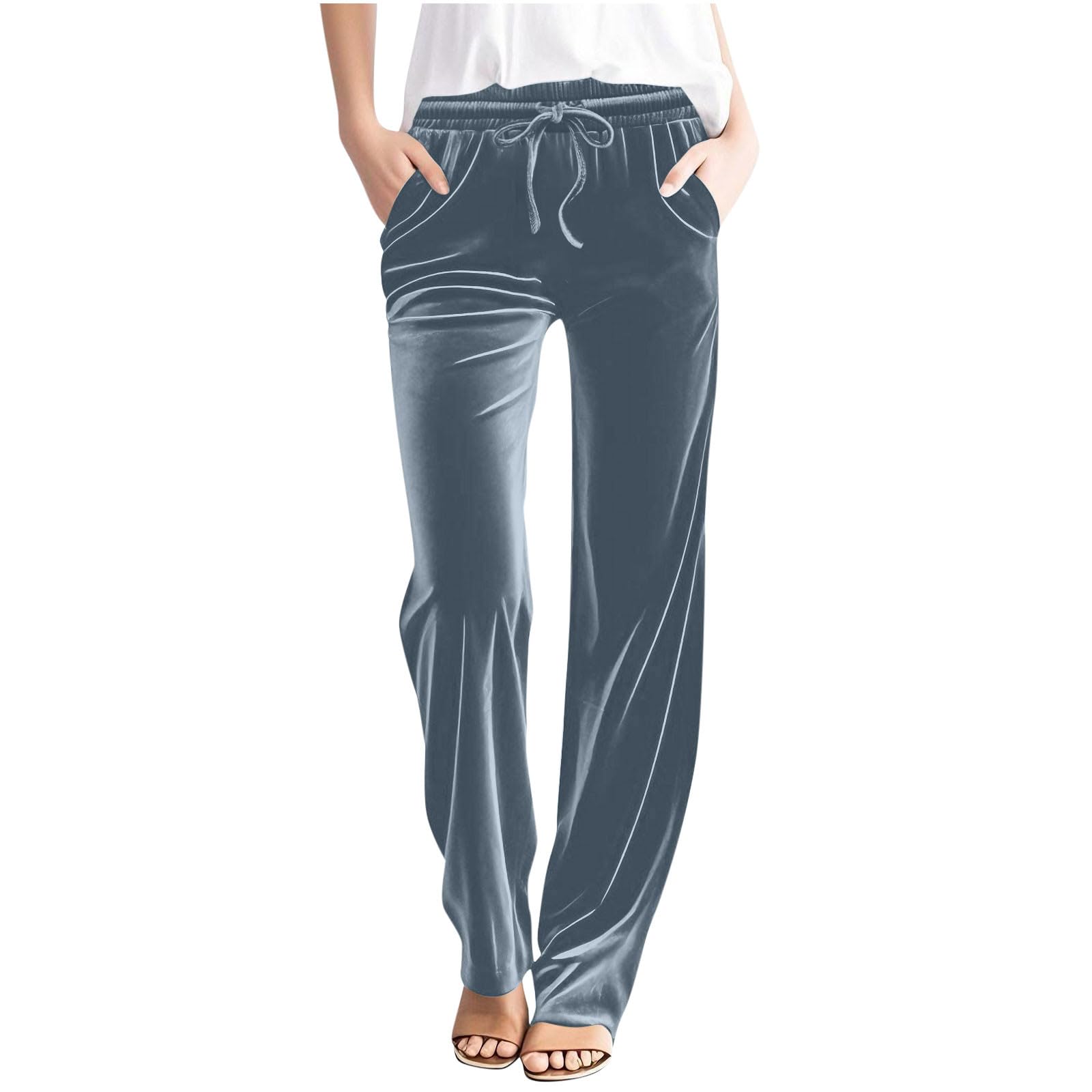 Womens Velvet Pants Drawstring Elastic Waist Wide Leg Palazzo Pants Casual Solid Color Lounge Pant with Pockets
