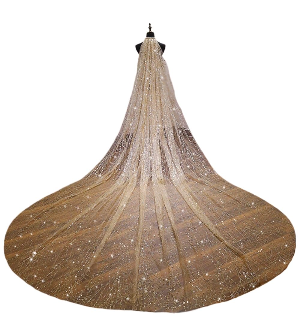 ROMDANTY Sparkly Long Bridal Veil, Glittering White Champagne Gold Cathedral Wedding Veil with Comb, Sequin Embellished, Ideal for Bridal Showers and Weddings
