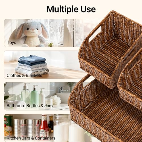Image of Brownlily Wicker Pantry Storage Baskets with Chalkboard,Handwoven Baskets for Organizing with Built-in Handles, All-Purpose Storage Bins for Shelves, Laundry Room, Brown - Double Set Bundle (6-Piece)