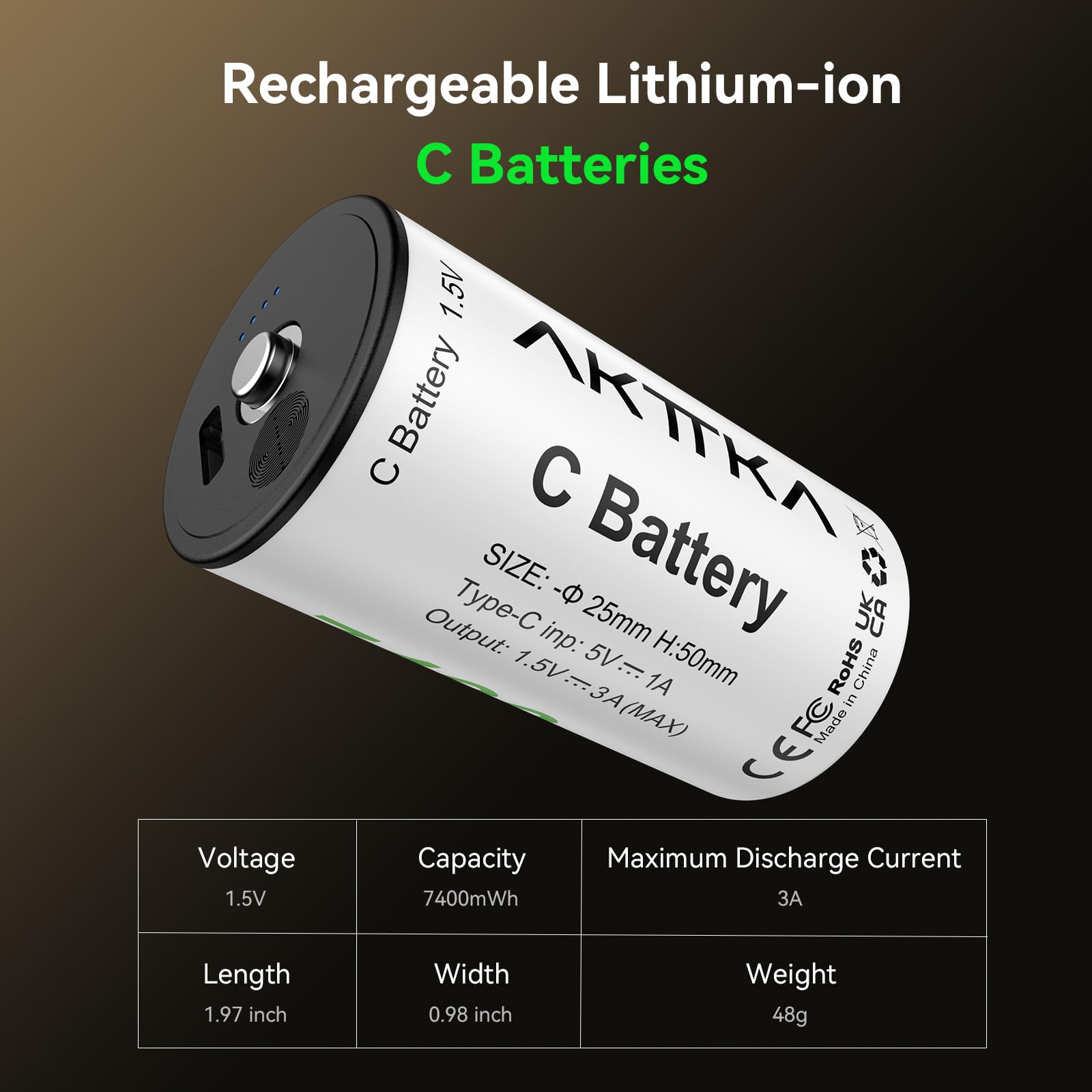 Paquete de 2 Pilas Recargables C de 7400 mWh de Ion de Litio C de 1,5 V, con Cable de Carga USB-C 2 en 1, indicador de Nivel de batería táctil, para Linterna, Reproductor de CD, lámpara de