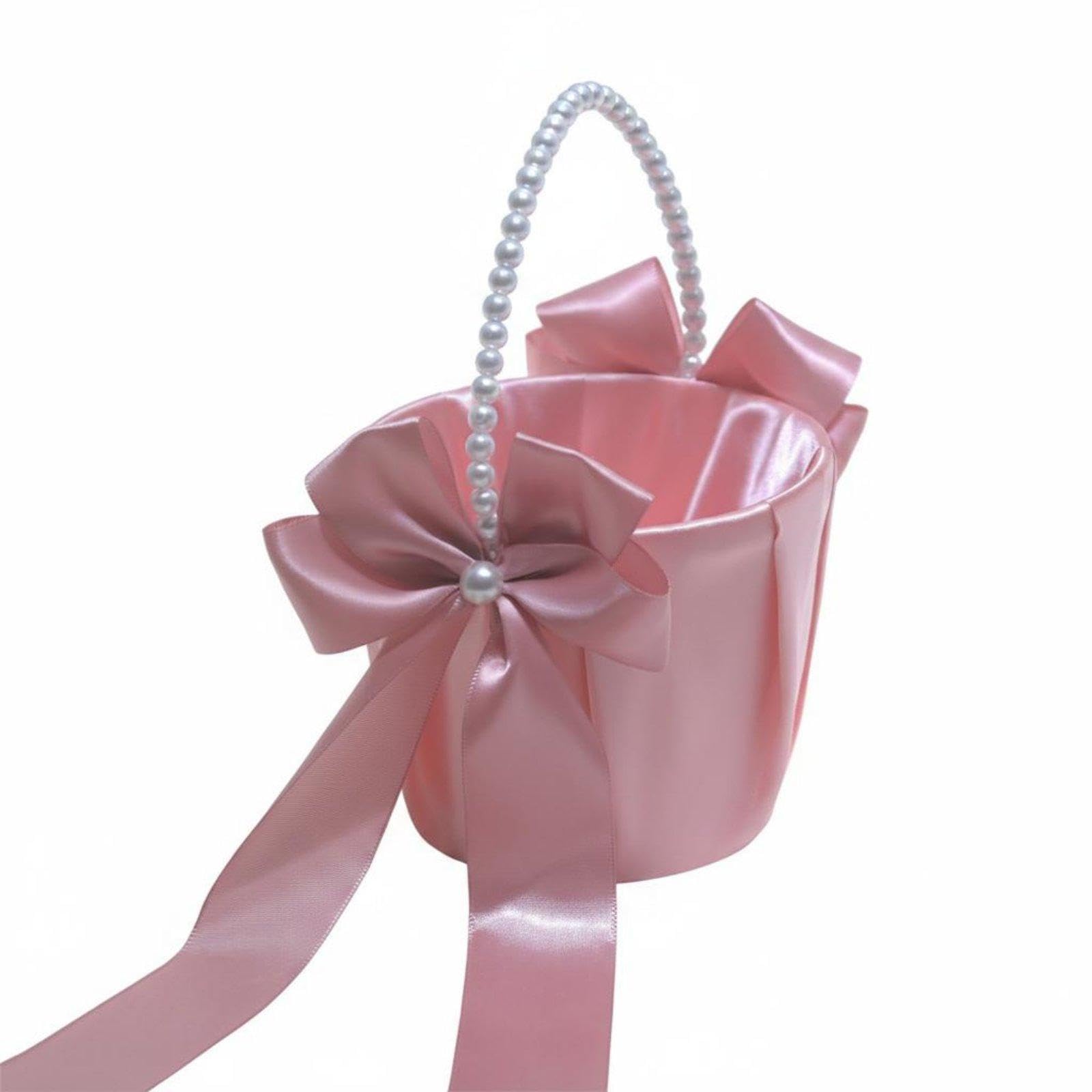 Wedding Flower Girl Ribbon-Trimmed Basket Decoration Satin Flower Girl Basket Romantic Design Aesthetic for Girls, Kids, Symbol Bearer Moment Pink | Ring Pillows & Flower-image-5