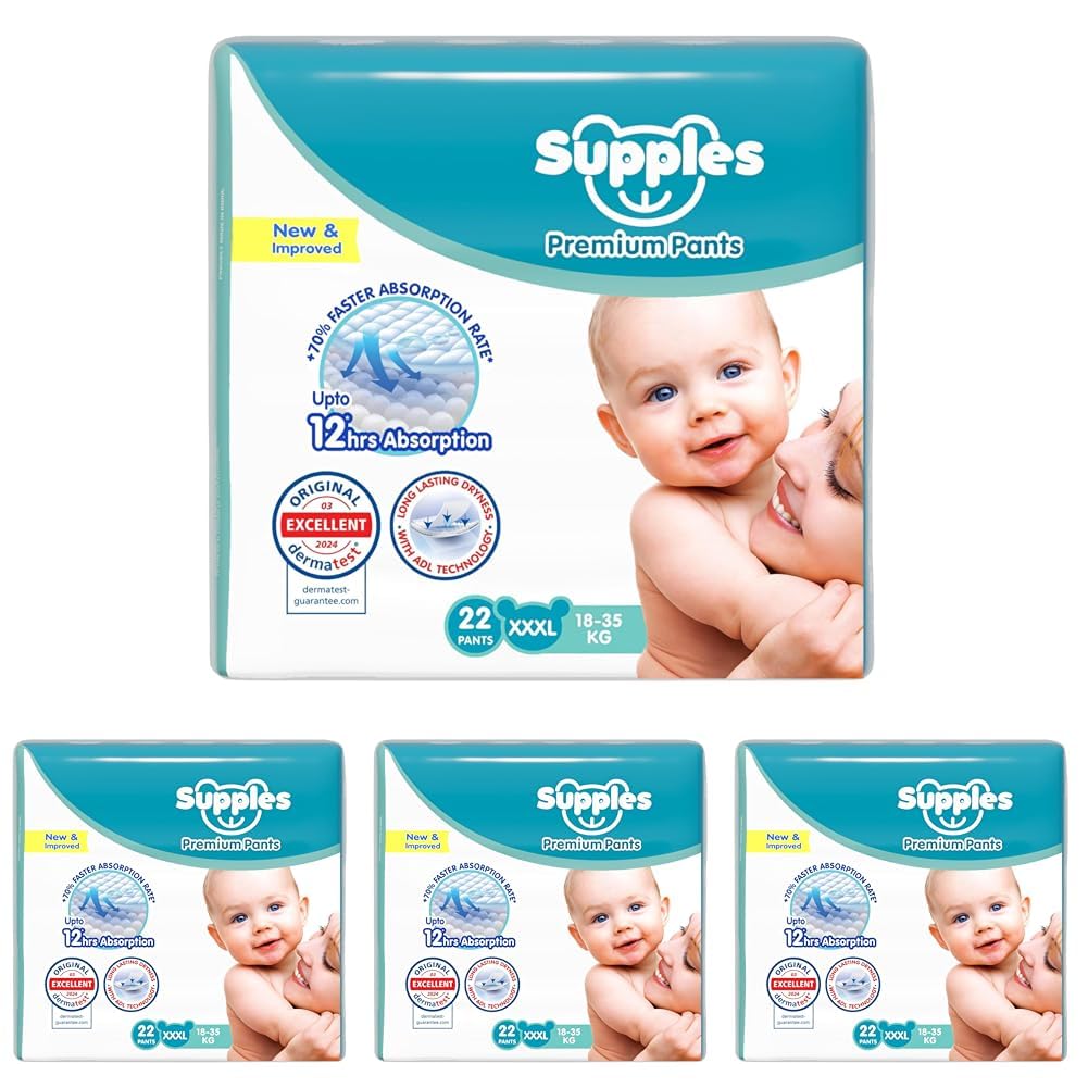Amazon Brand - Supples Premium Baby Diaper Pants | 22 Baby Diapers | XXXL | 18-55 Kg | 12 Hrs Absorption | Cushiony Cotton Soft Fabric | Phthalates-Free | Triple Leak Guard (Pack of 4)-image-27