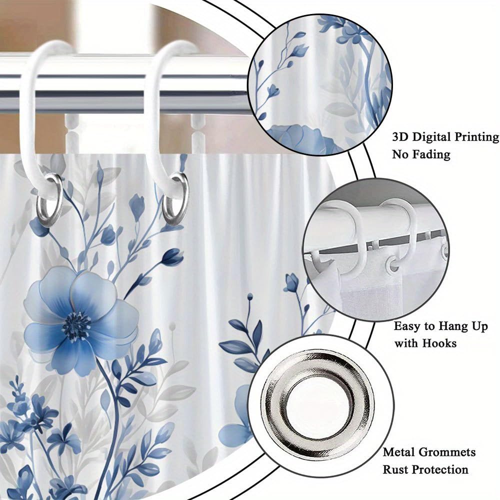 Tenda da doccia digitale con motivo floreale botanico, tessuto impermeabile con fantasia blu e bianca, ideale per bagno, vasca da bagno e altri ambienti (230x170 cm/LxA)