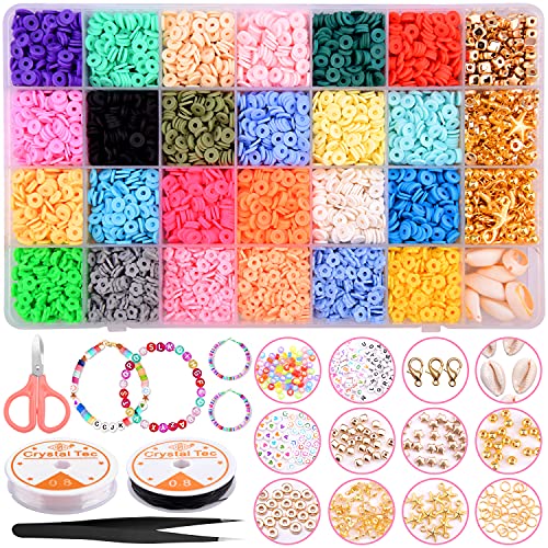 CCJK Clay Flat Beads 6800Pcs Polymer Clay Beads 6mm Round Rainbow Clay Spacer Beads Disc Beads for Bracelet Necklace Earring Making Kits Heishi Beads with Smile Beads for Jewelry Making Gift DIY Kits