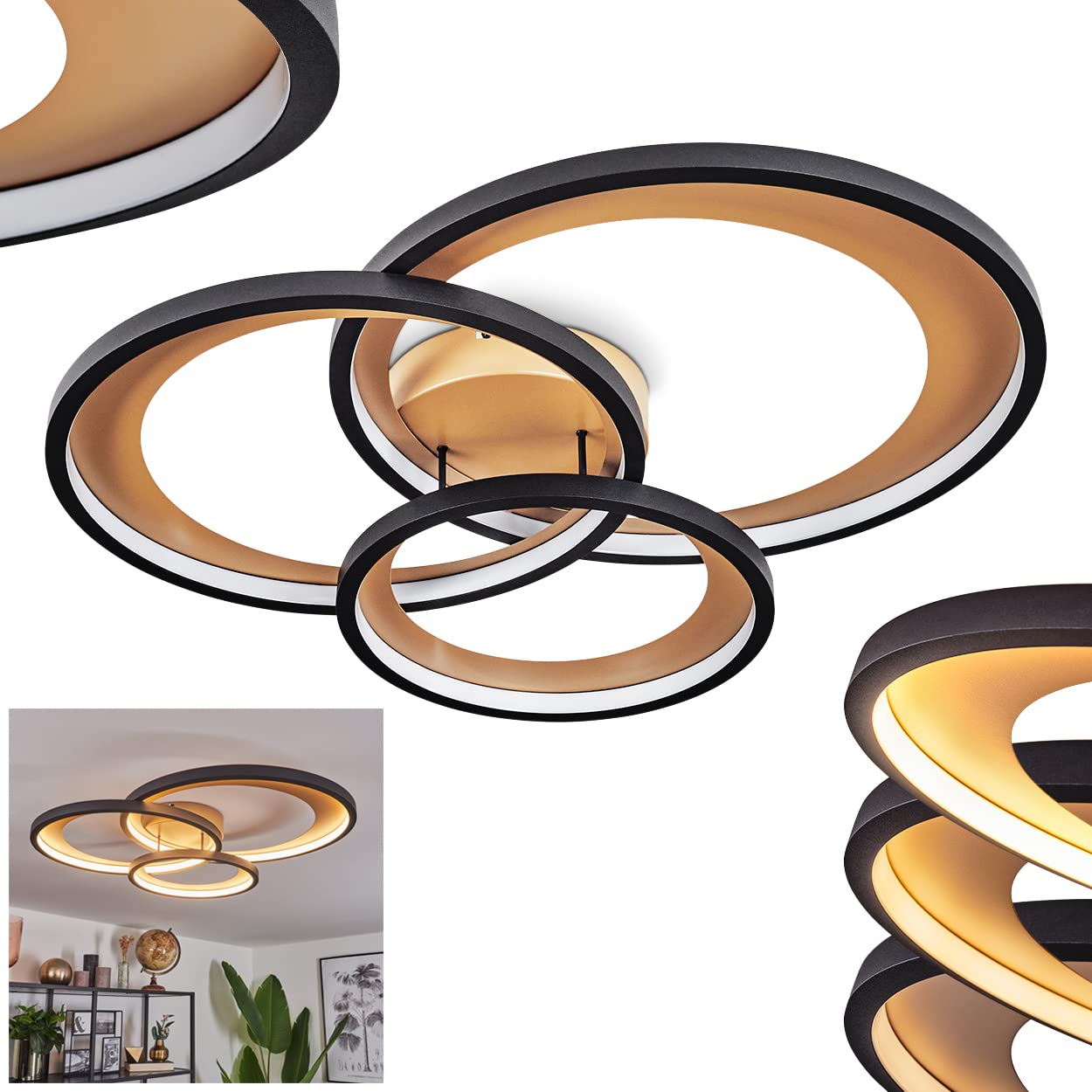 HOFSTEIN LED Deckenleuchte Baiyin, dimmbare Deckenlampe aus Metall/Kunststoff in Gold/Schwarz/Weiß, 4300 Lumen, 3000 Kelvin, 36 Watt (inkl.), dimmbar über herkömmlichen Lichtschalter