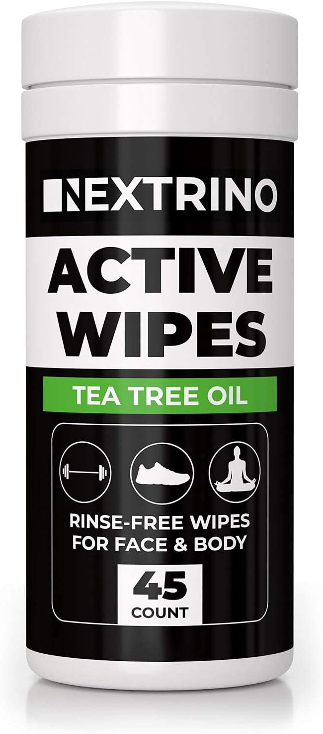 Tea Tree Oil Active Wipes [45 Ct] Cleansing Face and Body Wipe for Men and Women - Biodegradable & Rinse Free: No Shower, No Bath, No Problem - Gym Friendly Travel Container