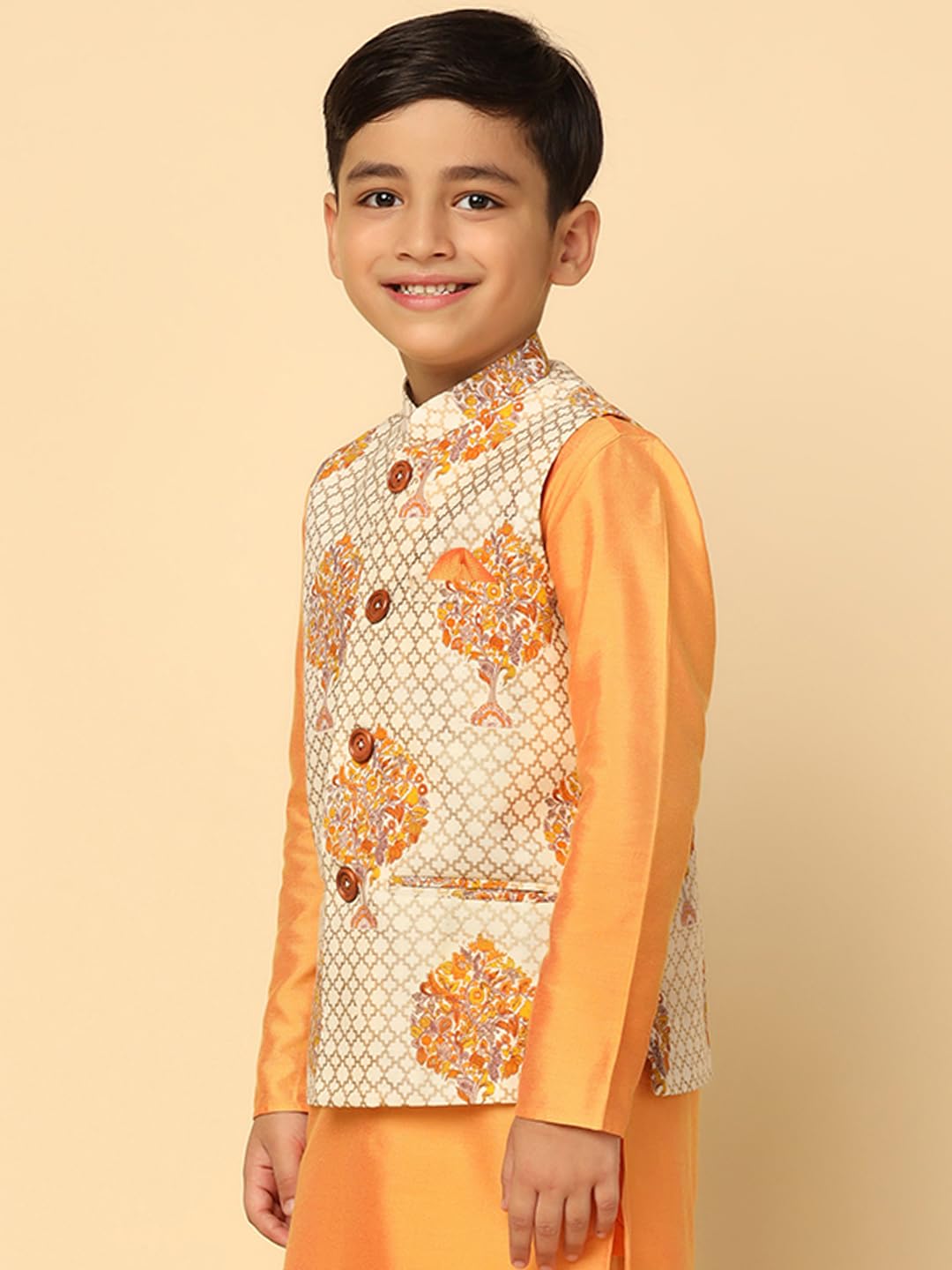 KISAH Boy's Cotton Blend Regular Fit Printed Off White Nehru Jacket|3-4 Years