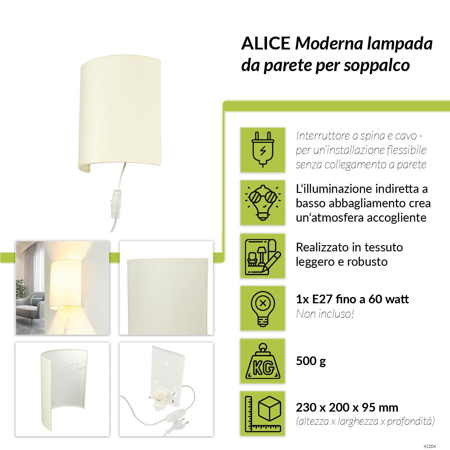 Applique interna in tessuto bianco per soggiorno, camera da letto e corridoio, H:23 cm, E27 con spina, Up Down, antiriflesso, lampada da parete accogliente e moderna ALICE