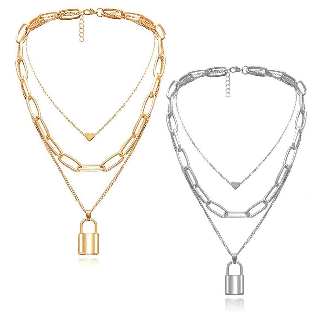 Vembley Combo of 2 Stylish Gold and Silver Plated Triple Layered Heart Lock Pendant Necklace For Women and Girls (B09NRC4HV4) Amazon Price History, Amazon Price Tracker