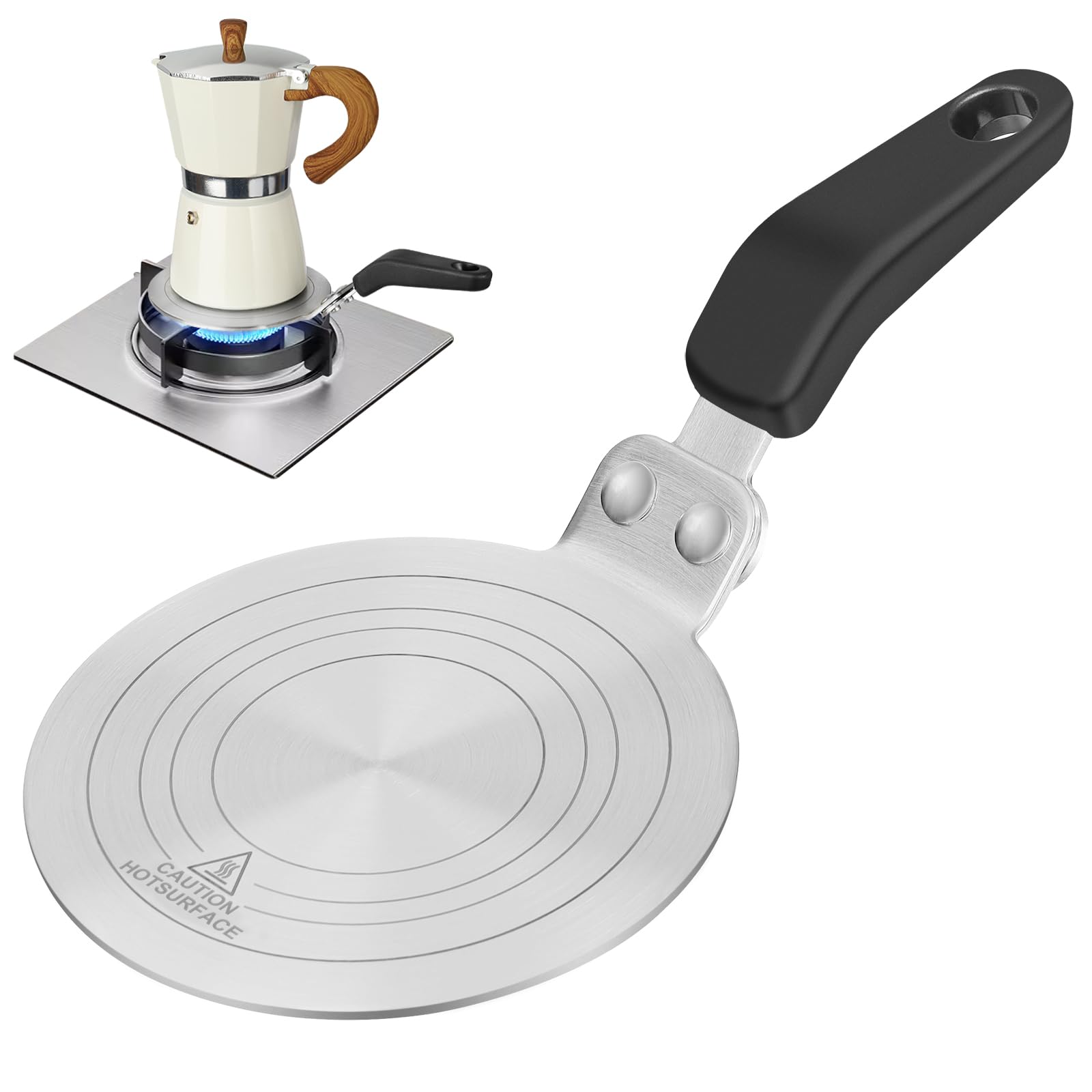 Esilihom Induction Hob Converter Plate, Moka Pot Induction Plate 13cm with Heat Resistant Handle, Stainless Steel Heat Adapter for Coffee Cookware (5 inch)