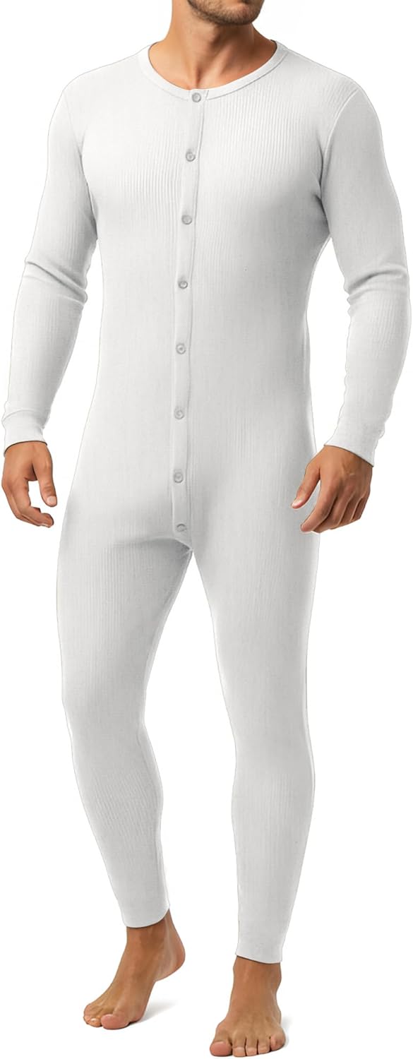 Men's Thermal Union Suits Long Sleeve One Piece Crew Neck Bodysuit Pajamas Button Down Classic Underwear