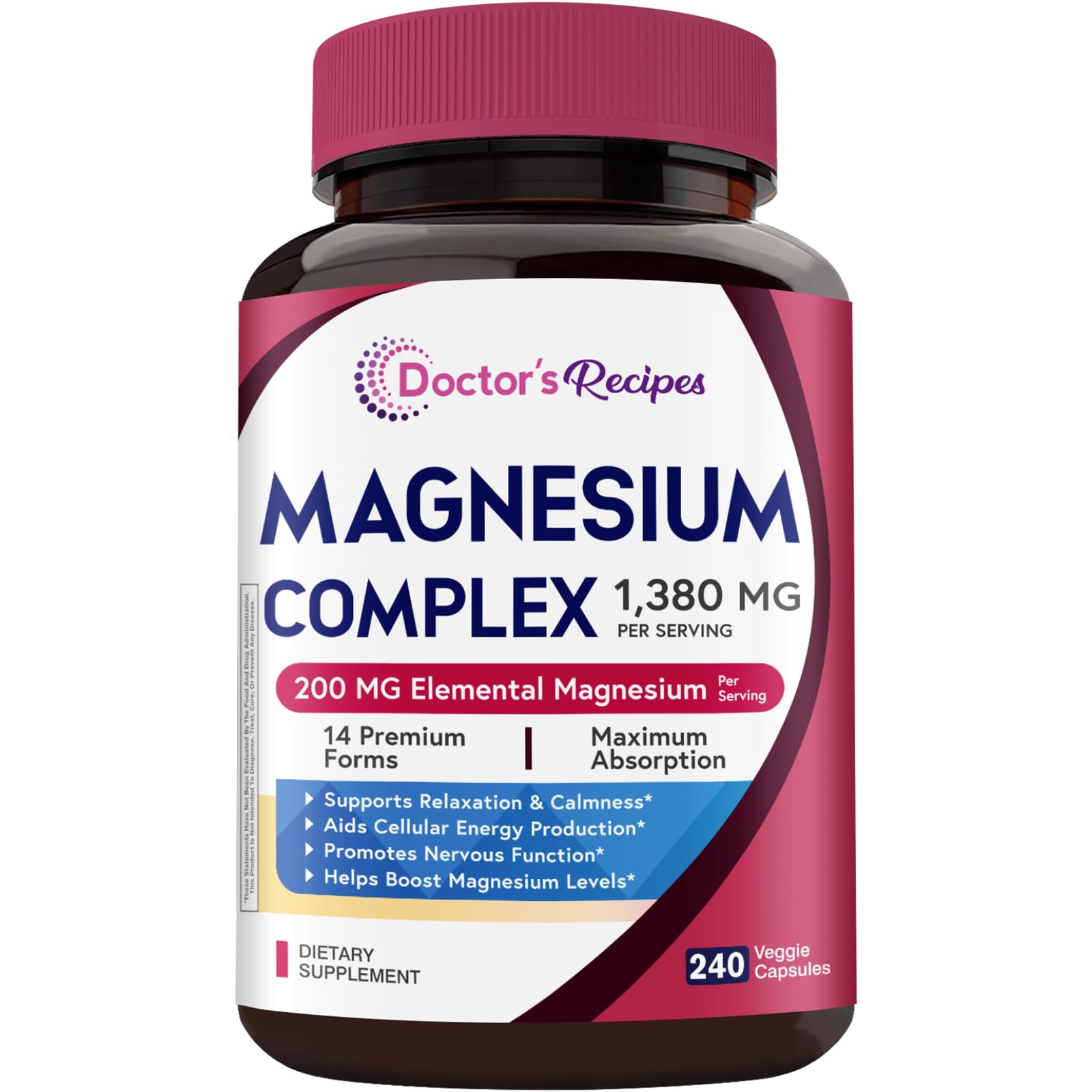 Doctor's Recipes Magnesium Complex 200 mg Elemental Magnesium, 14-in-1, Fully Chelated for Optimal Absorption, Relaxation, Calmness & Cellular Energy, Non-GMO, Vegan, 240 Capsules 240 Count (Pack of 1)