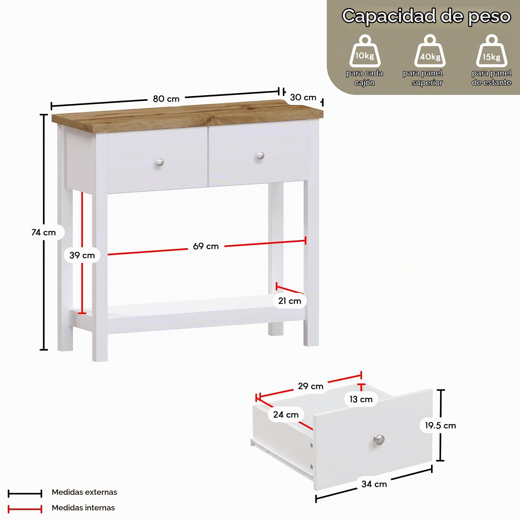 Vida Designs Arlington - Mesa de Consola con Estante para Pasillo y tocador (Tablero DM, 2 cajones), Color Blanco