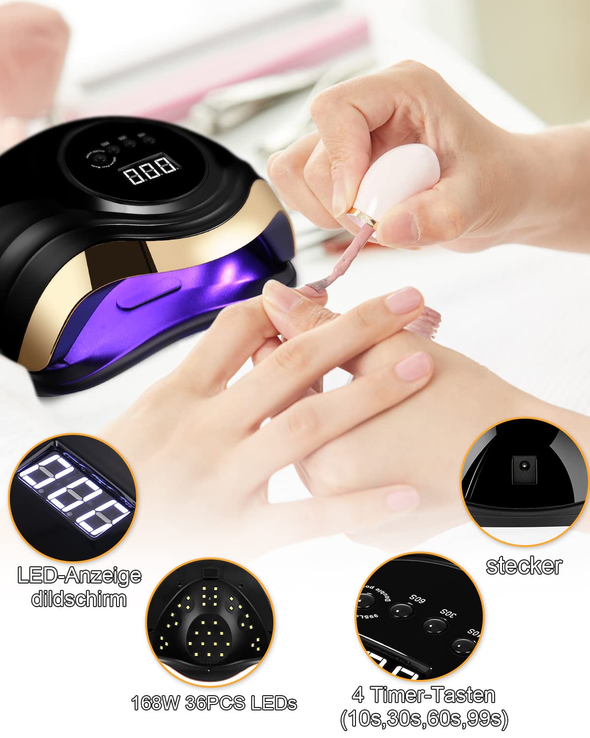 168 W Lampada per Unghie, Lampada a LED UV per Manicure e Pedicure 36 LED Lampada UV Unghie Professionale con Automatico Sensore Display 4 Timers da10s 30s 60s 99s